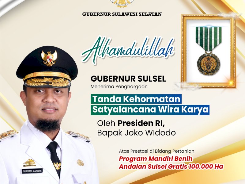 Gubernur Sulsel Andi Sudirman Raih Penghargaan Satyalancana Wira Karya 