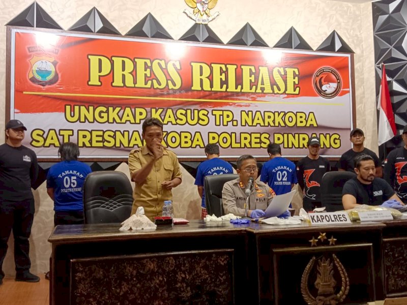 Polres Pinrang merilis kasus pengungkapan jaringann narkoba, Selasa (8/8/2023). 