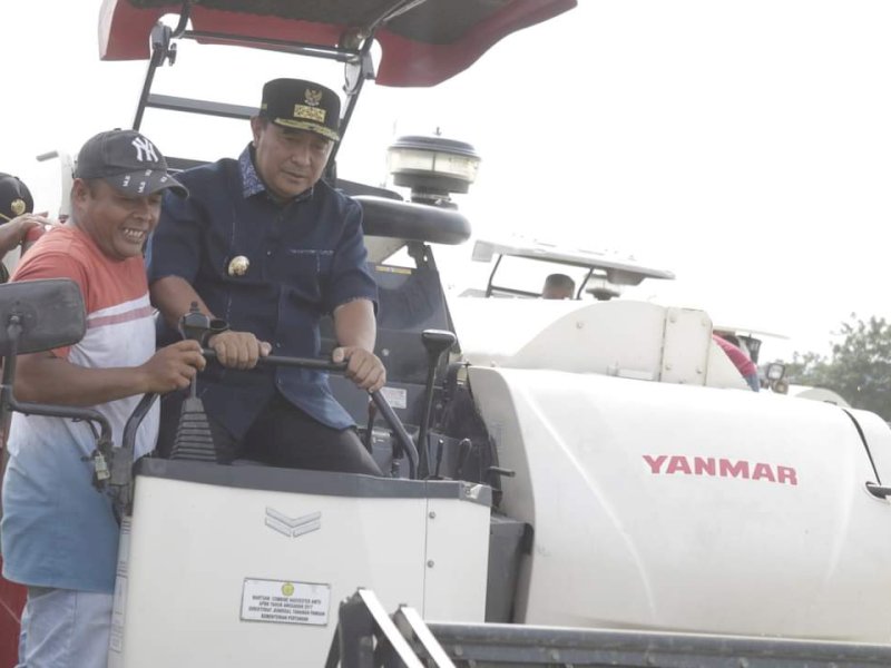 Penjabat Gubernur Sulsel Bahtiar Baharuddin, melakukan  pesta panen padi di Desa Pananrang, Kecamatan Mattiro Bulu, Pinrang.