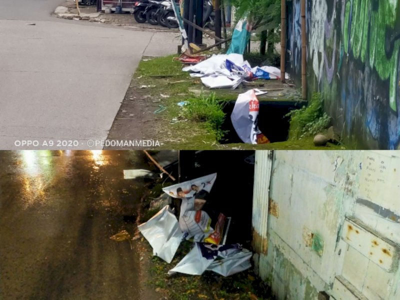 Sejumlah titik di Makassar ditemukan baliho-baliho caleg dan partai politik berserakan di jalan (PEDOMAN MEDIA/Nober) 