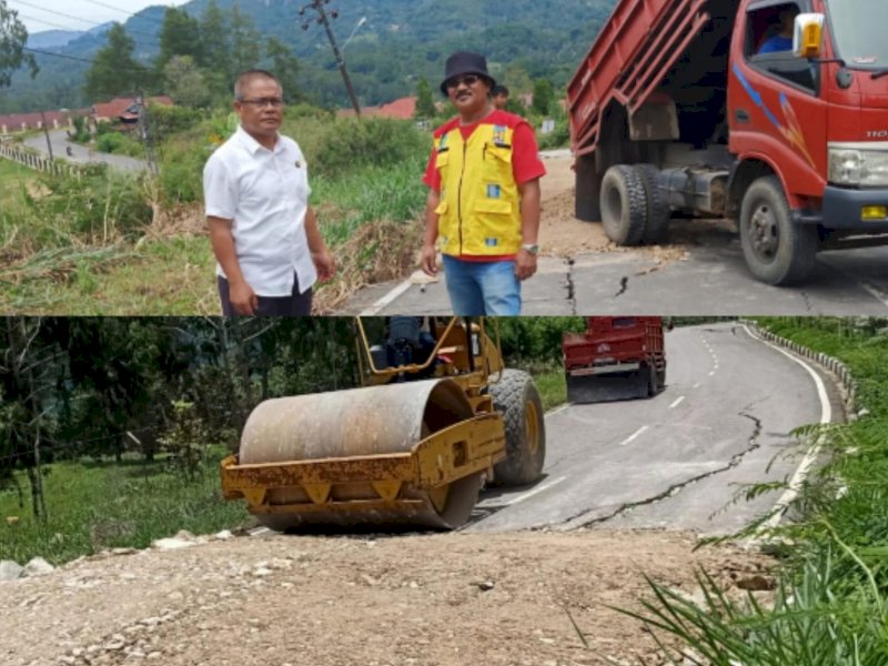 Jalanan menuju Bandara Toraja amblas akibat hujan deras. 