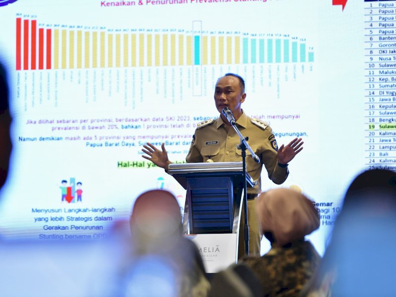 Penjabat Gubernur Sulawesi Selatan Zudan Arif Fakrulloh membuka Temu Regional 3 Sulawesi, Maluku dan Papua dan Intervensi Serentak Percepatan Stunting 2024.