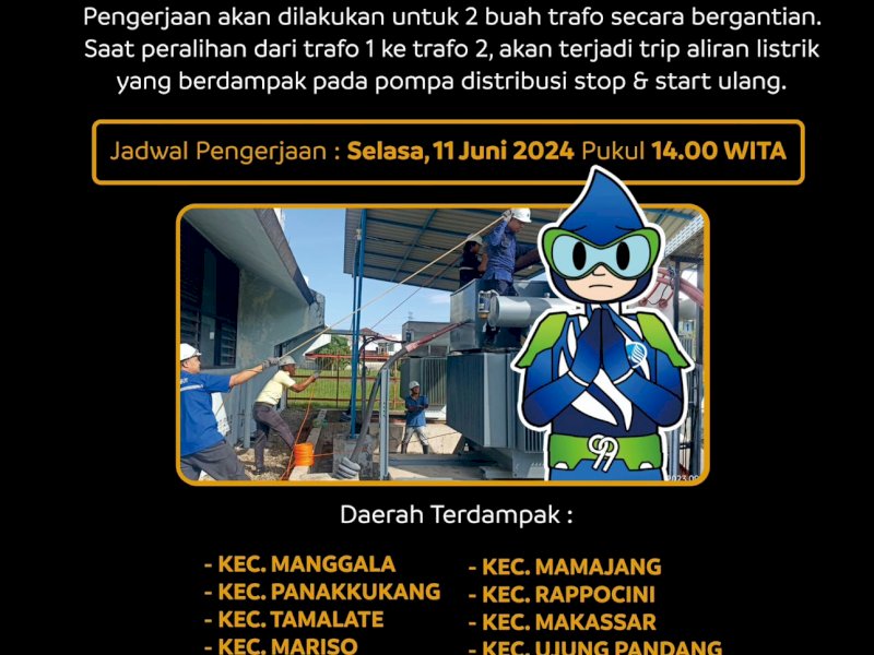 Perumda Air Minum Makassar Lakukan Pemeliharaan Trafo IPA Somba Opu, Aliran Air 8 Kecamatan Terganggu