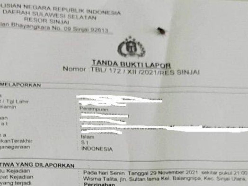 Bukti laporan polisi dari istri sah oknum dokter yang berduaan di Wisma di Sinjai digerebek Satpol PP. (Foto: Ist)
