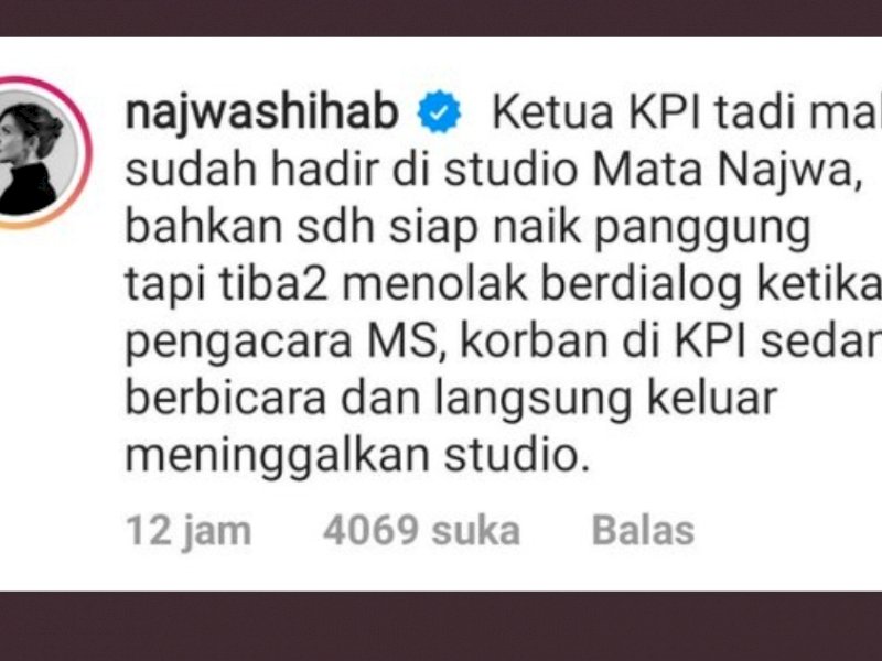 Ciutan Najwa Shihab di akun Twitternya terkait sikap Ketua KPI yang kabur dari studio (int)