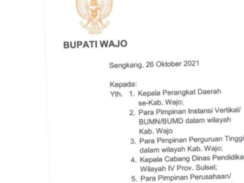 Aturan vaksinasi yang dikeluarkan Bupati Wajo.