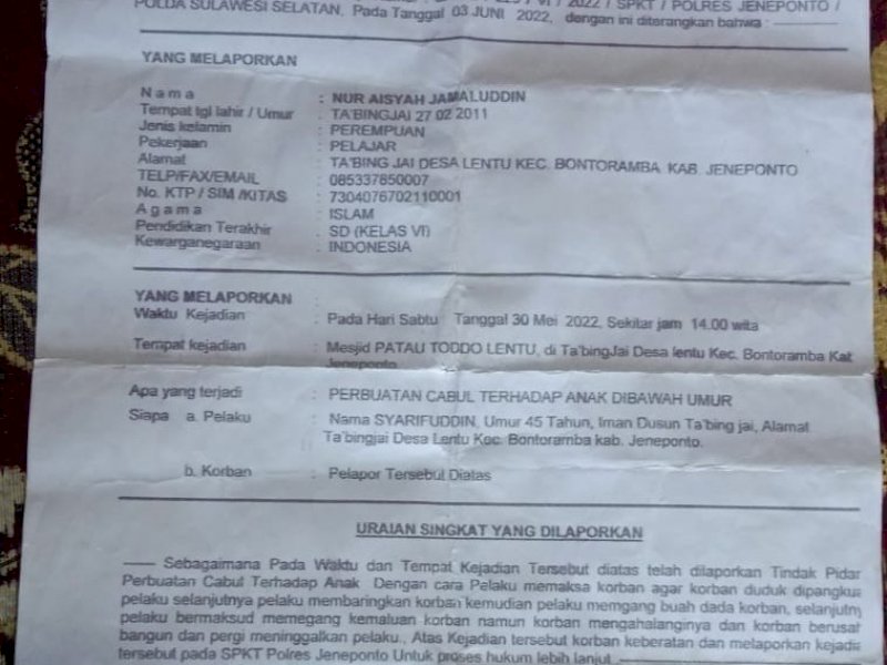 Surat Pelaporan Pelecehan seksual yang diduga dilakukan guru ngaji kepada santrinya. 