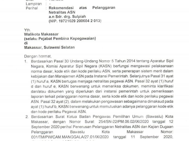 Surat rekomendasi KASN terhadap pelanggaran netralitas pejabat Pemkot Makassar.
