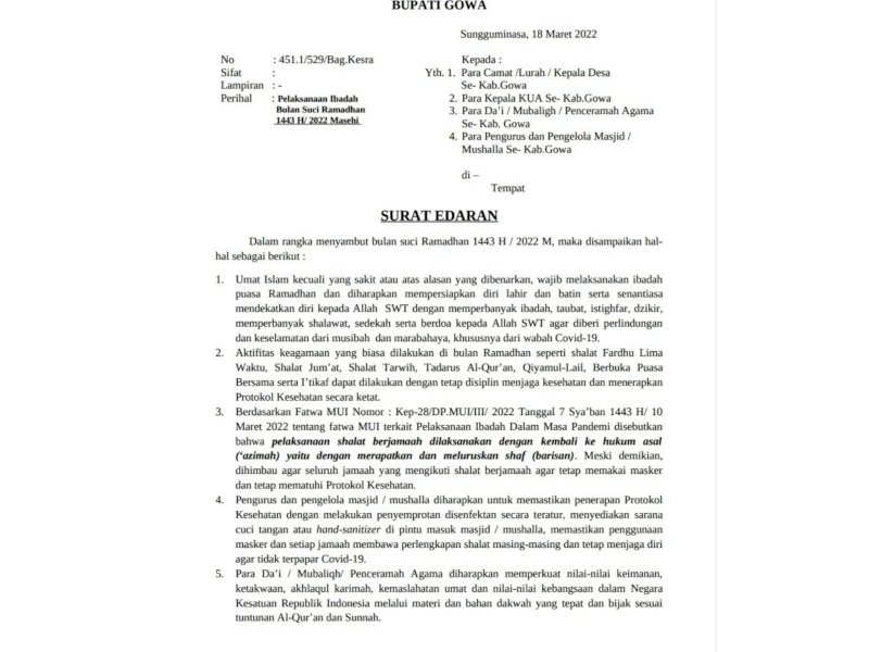 Surat edaran Bupati Gowa Adnan Purichta Ichsan terkait kegiatan keagamaan selama Ramadhan. 