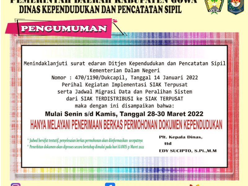 Pengumuman Dinas Dukcapil Gowa terkait pelayanan. 