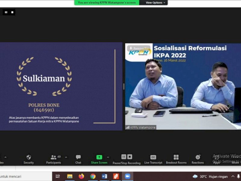 Satker Polres Bone terpilih sebagai sebagai Satker dengan nilai Indikator Kinerja Pelaksanaan Anggaran (IKPA) Tahun 2021 Terbaik tingkat nasional. (Ist)