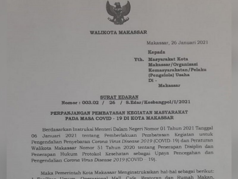 SE PJ Wali Kota Makassar terkait pembatasan jam malam di Makassar. 