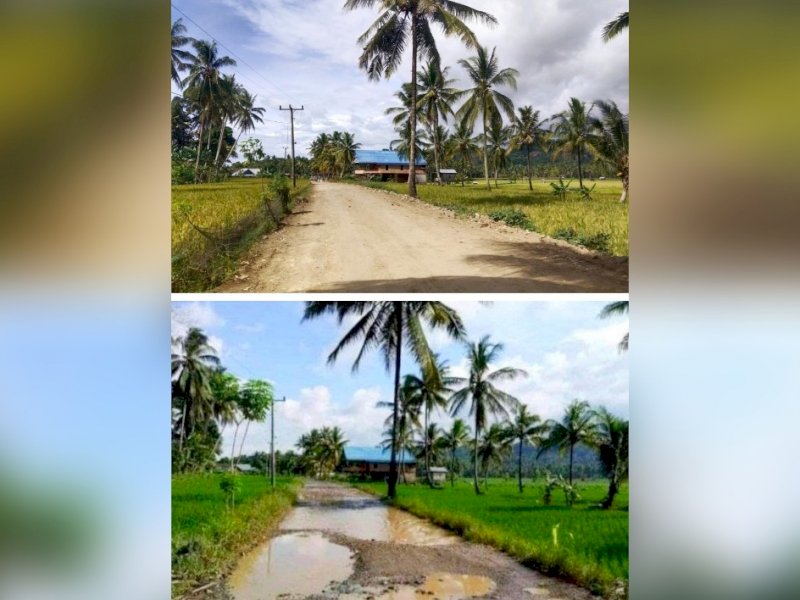 Sebelum dan sementara proses pengerjaan jalan nasional di Bone. 