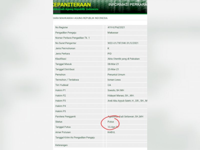 Putusan MA soal kasus pemalsuan akta otentik. 