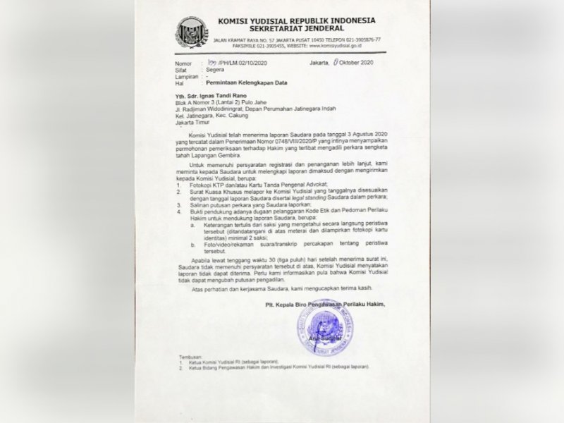 Surat balasan Komisi Yudisial terkait sengketa Lapangan Gembira Torut. 