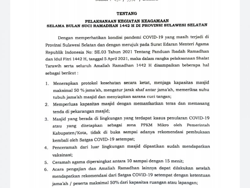 SE Plt Gubernur Sulsel soal pelaksanaan tarawih. 