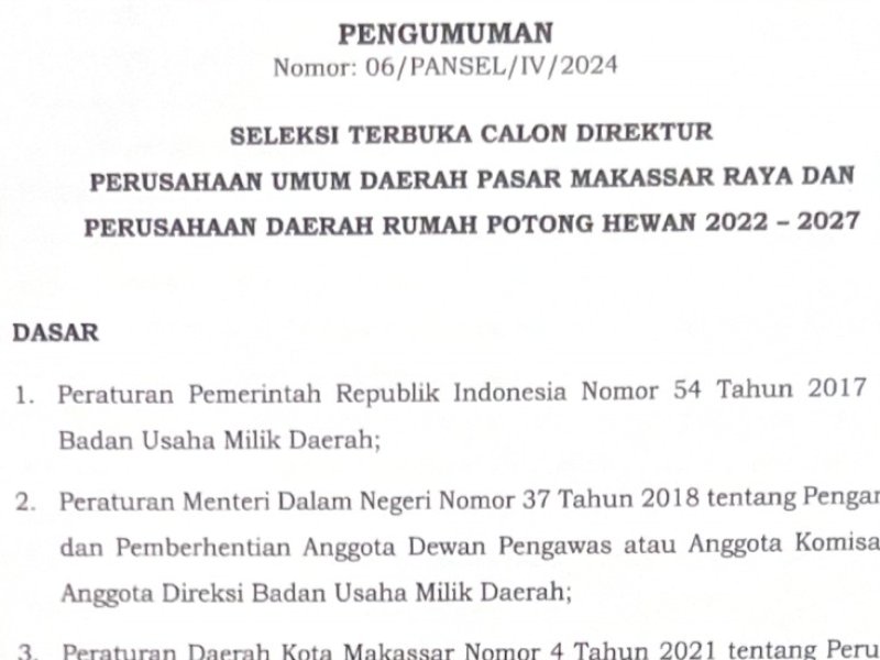 Pemkot Makassar Buka Pendaftaran Calon Dirut PD Pasar dan RPH, ini Syarat Lengkapnya