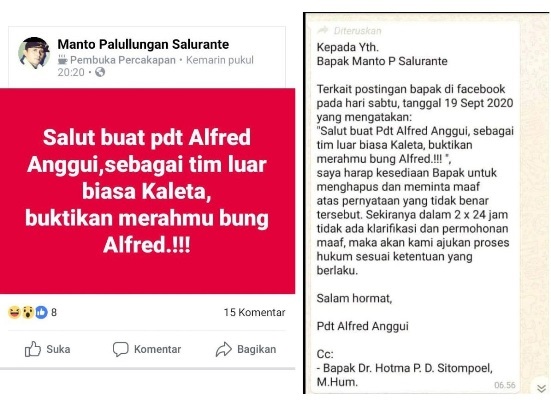 Postingan melibatkan Manto Palullungan Salurate dan Pdt Alfred Anggui jadi trending topik di media sosial (facebook).