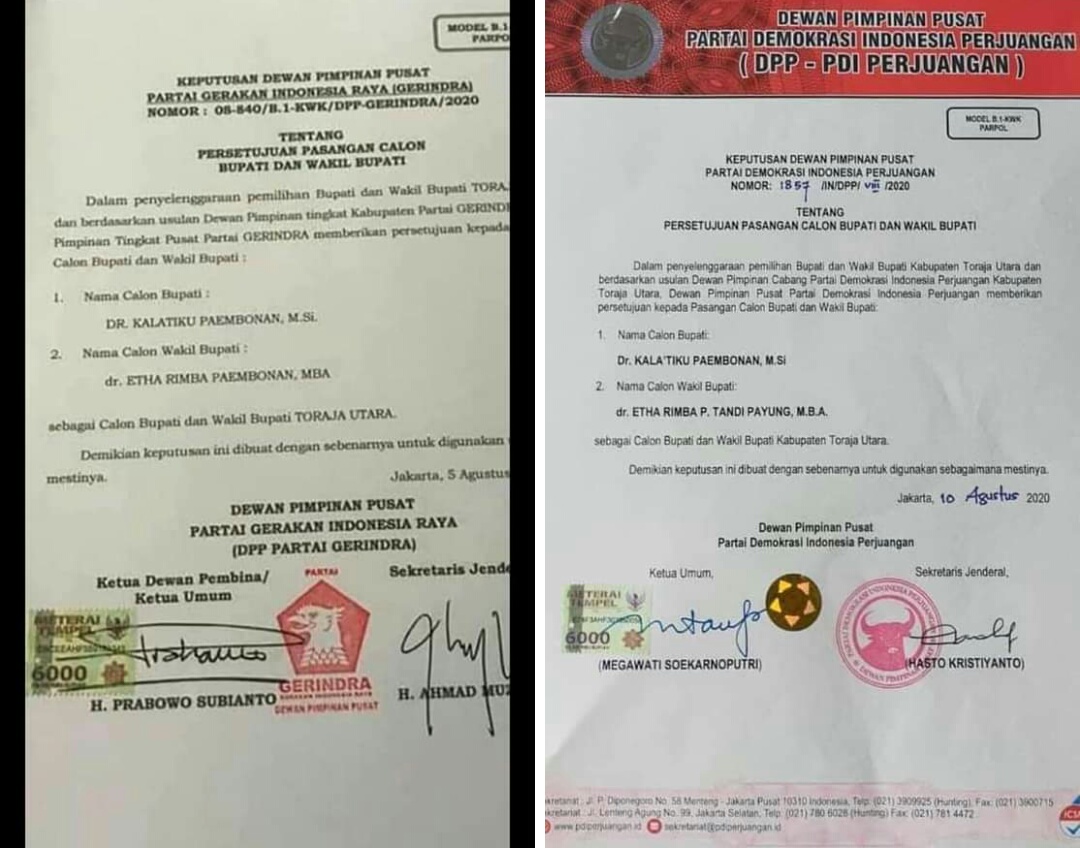 Penulisan nama yang berbeda dalam surat rekomendasi model B1-KWK Bakal Paslon Kala'-Etha dari PDI Perjuangan dengan Partai Gerindra. (IST)